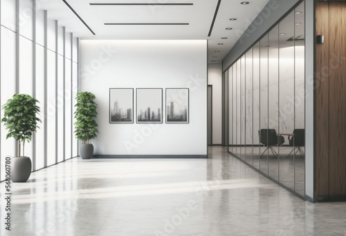 office lobby Two conference rooms are located on either side of a large white wall that is in the centre. a mockup. Generative AI photo