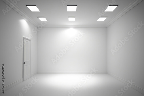 White room with panel bulbs providing ceiling lighting. Generative AI