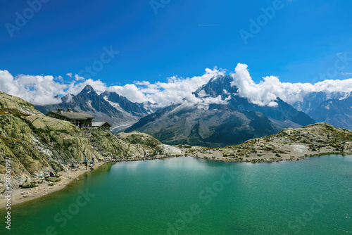 The scenic view of Lac Blanc. Lac Blancs in Chamonix France, One of the most popular destinations for hikers in Chamonix.