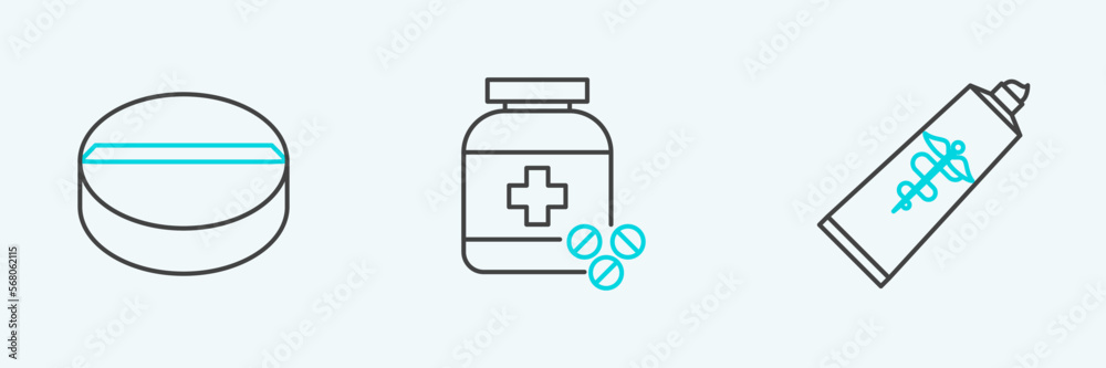 Set line Ointment cream tube medicine, Medicine pill or tablet and bottle and pills icon. Vector Set line Ointment cream tube medicine, Medicine pill or tablet and bottle and pills icon. Vector