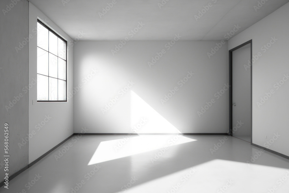 Obraz premium White walls, a metropolitan view, and a concrete floor can be found in an empty loft. Generative AI