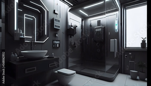 Typical Cyberpunk Settings Cyberpunk-themed bathroom with a shower adorned in black and grey, powered by generative ai