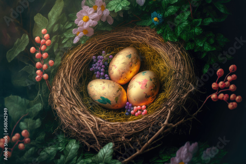 Golden Easter eggs in bird nest , easter Day concept. Generative AI illustrations.