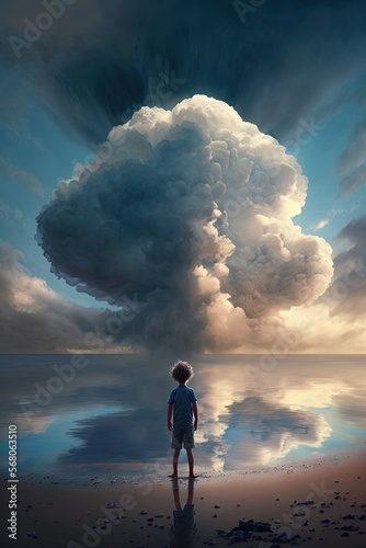 a single rain cloud hovering over a happy child blue water sunrise puffy clouds Generative AI
