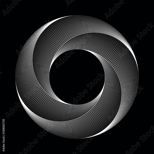 Spiral with lines in circle as endless symbol. Abstract geometric art line background, logo, icon or tattoo. Psychedelic rotating optical illusion.