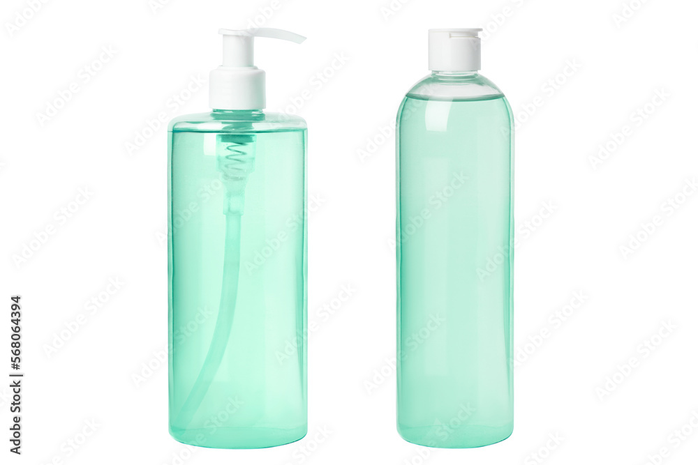 set. Natural green cosmetic tonic, serum, micellar water isolated on white background. Transparent cosmetic bottles. With dispenser set. Natural green cosmetic tonic, serum, micellar water isolated on white background. Transparent cosmetic bottles. With dispenser