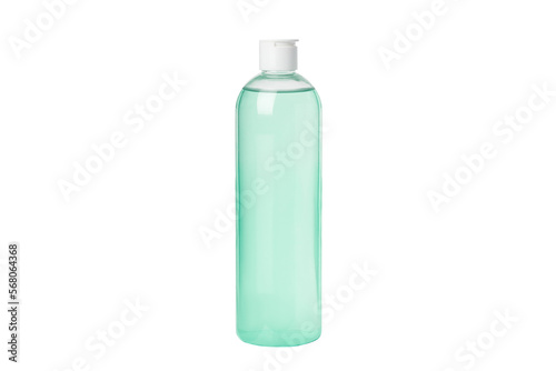 Natural green cosmetic tonic, serum, micellar water isolated on white background. Transparent cosmetic bottles. With dispenser