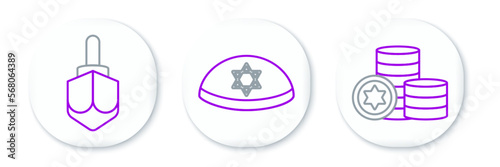 Set line Jewish coin, Hanukkah dreidel and kippah with star of david icon. Vector