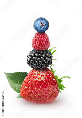 Fototapeta Naklejka Na Ścianę i Meble -  Isolated beries. Strawberry, blackberry, raspberry, blueberry fruits on top of each other fruits isolated on white background with clipping path