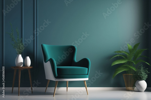 Living room interior with copy space on white wall and green armchair against blue wall. Generative AI