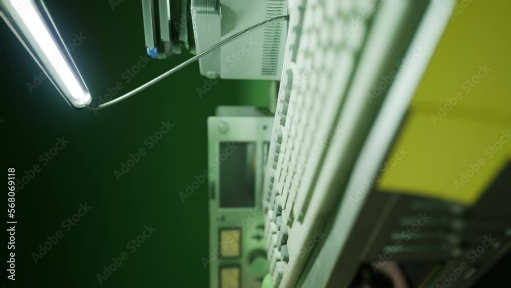 vertical of Old computers from the 80s in an abandoned computing center ...