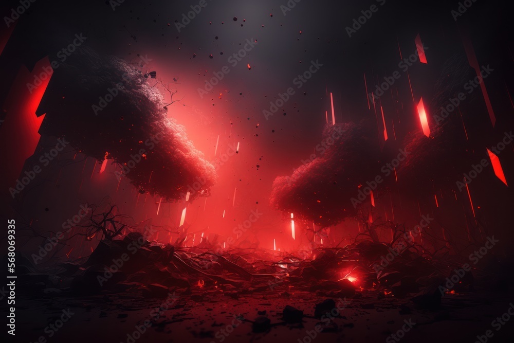 Red abstract and fantasy-like rocky foggy landscape, a road leading to the unkown | Generative AI