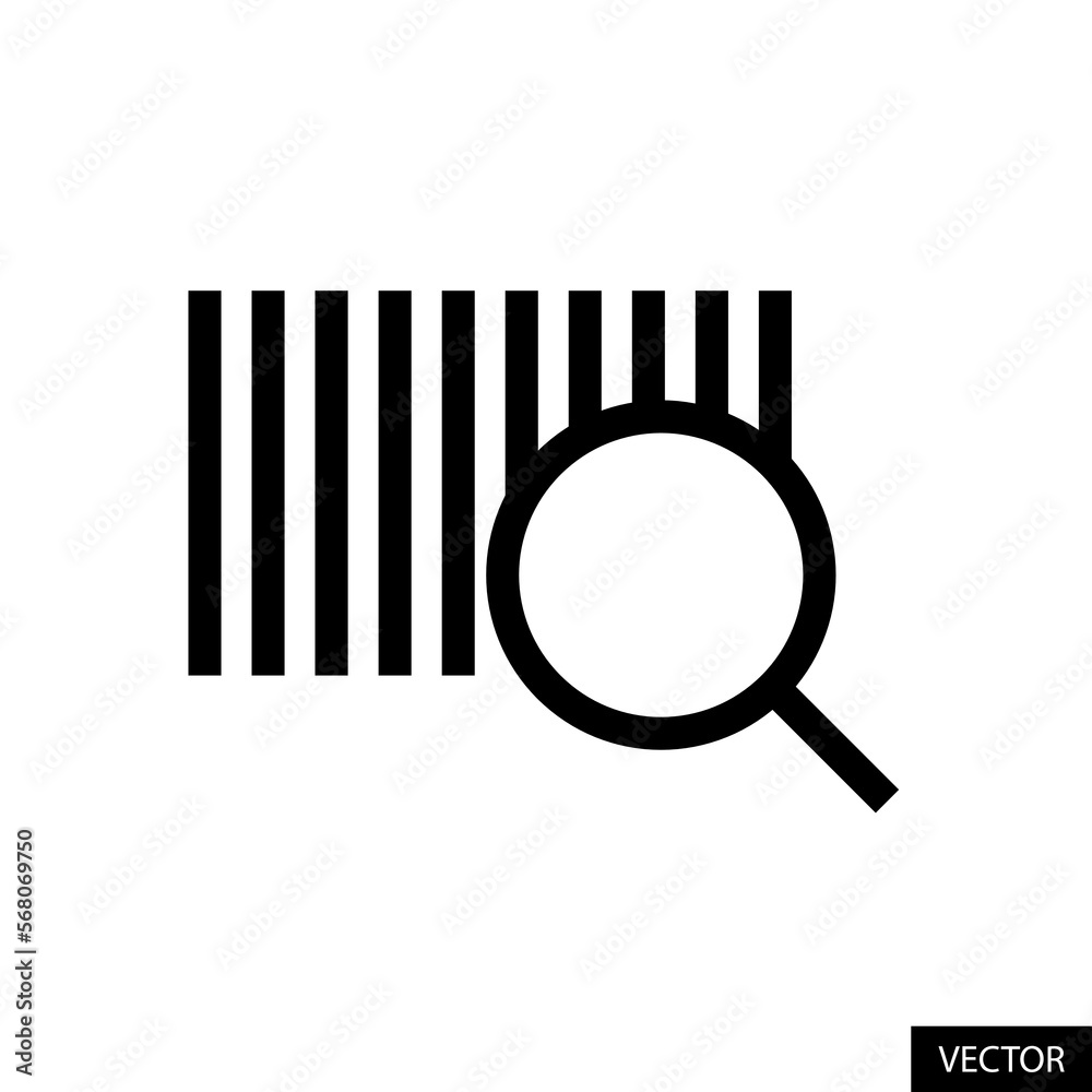 Barcode and magnifying glass, scan bar code vector icon in line style design for website, app, UI, isolated on white background. Editable stroke. Vector illustration. Barcode and magnifying glass, scan bar code vector icon in line style design for website, app, UI, isolated on white background. Editable stroke. Vector illustration.