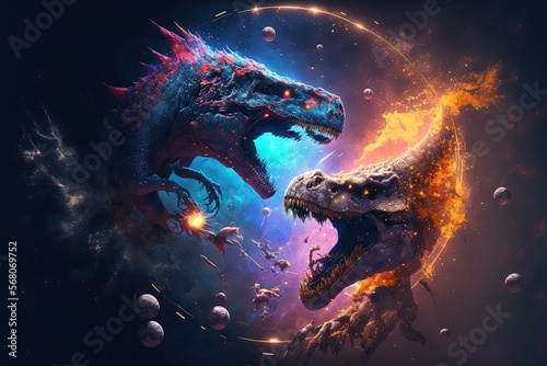 Fototapeta Naklejka Na Ścianę i Meble -  Space dinosaurs fight over the nebula