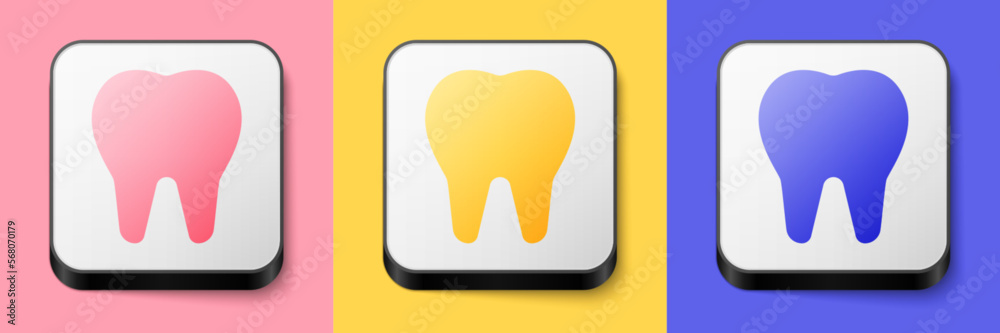 Isometric Tooth icon isolated on pink, yellow and blue background. Tooth symbol for dentistry clinic or dentist medical center and toothpaste package. Square button. Vector Isometric Tooth icon isolated on pink, yellow and blue background. Tooth symbol for dentistry clinic or dentist medical center and toothpaste package. Square button. Vector