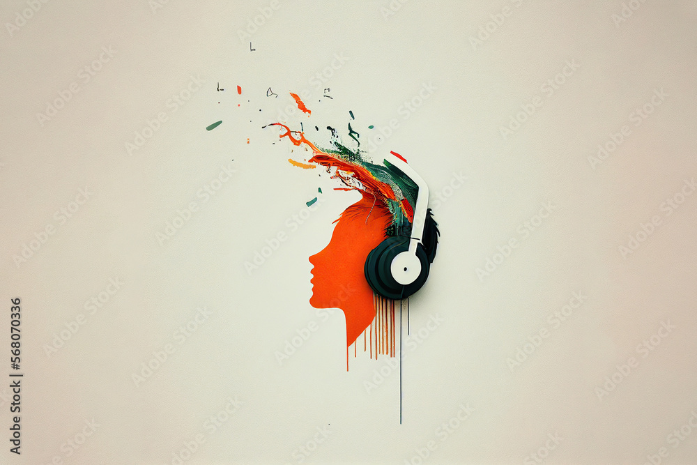 The girl listens to music on headphones. Music therapy. Profile of a ...
