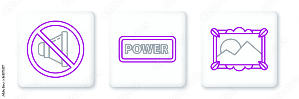 Set line Picture landscape, Speaker mute and Power button icon. Vector Set line Picture landscape, Speaker mute and Power button icon. Vector