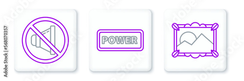 Set line Picture landscape, Speaker mute and Power button icon. Vector