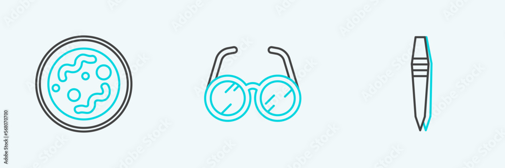 Set line Tweezers, Bacteria and Laboratory glasses icon. Vector Set line Tweezers, Bacteria and Laboratory glasses icon. Vector