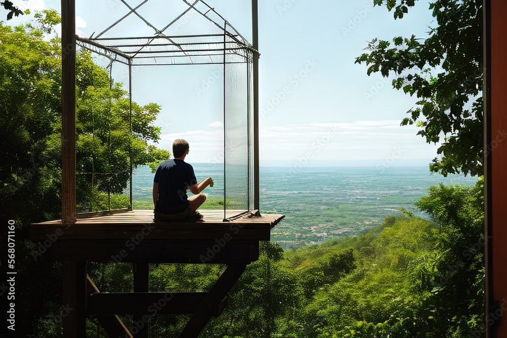 man sitting on a wooden platform overlooking a valley and trees in the distance with a view of the valley, generative ai