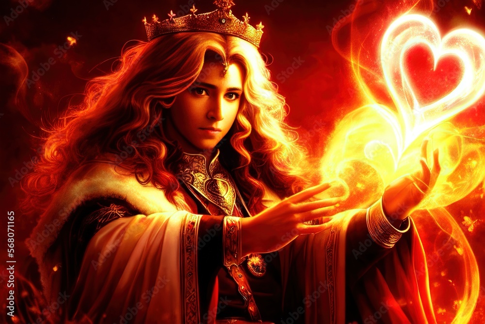 king with a crown holding a heart shaped object in his hand with flames behind him and a red background.generative Ai. king with a crown holding a heart shaped object in his hand with flames behind him and a red background.generative Ai.