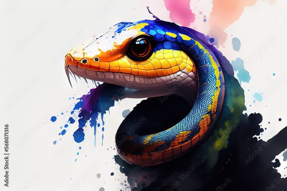 a colorful snake with a black background and a white background with a blue, yellow, and orange snake.generative Ai. a colorful snake with a black background and a white background with a blue, yellow, and orange snake.generative Ai.