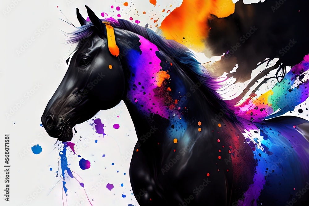 a black horse with a colorful mane and tail is shown in front of a