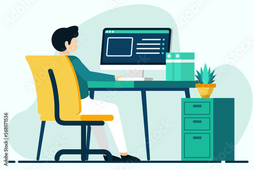Man working on computer. Vector illustration in flat style. Work at home concept.