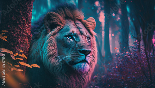 A lion in the forest hyper realistic  synthwave  with space for text. Generative AI.
