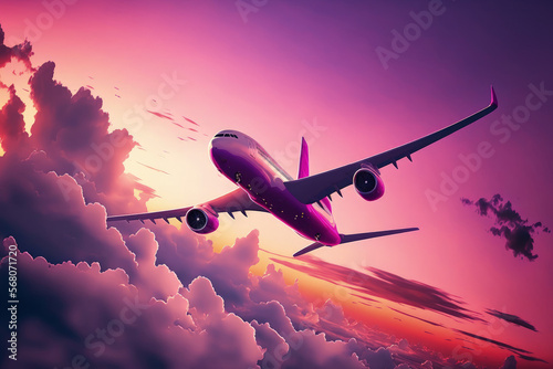 At sunset, an airplane flies through a gorgeous sky. Purple sky with pink clouds and a white passenger airliner in the background. The plane is landing. business journey. commercial aircraft Travel. v