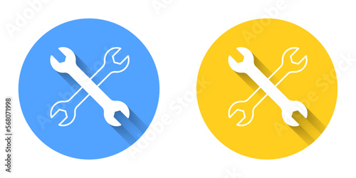 White Wrench spanner icon isolated with long shadow background. Spanner repair tool. Service tool symbol. Circle button. Vector