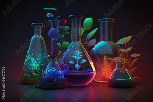 Arrangement of beakers containing various chemicals, employed in the investigation of chemical properties and reactions photo