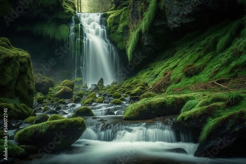 Waterfall with forest stream and green moss 2. Generative AI.