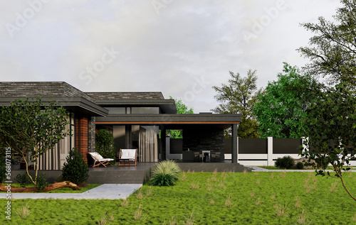 Modern one-story house with a flat roof and a terrace. Beautiful landscaping. 3D visualization