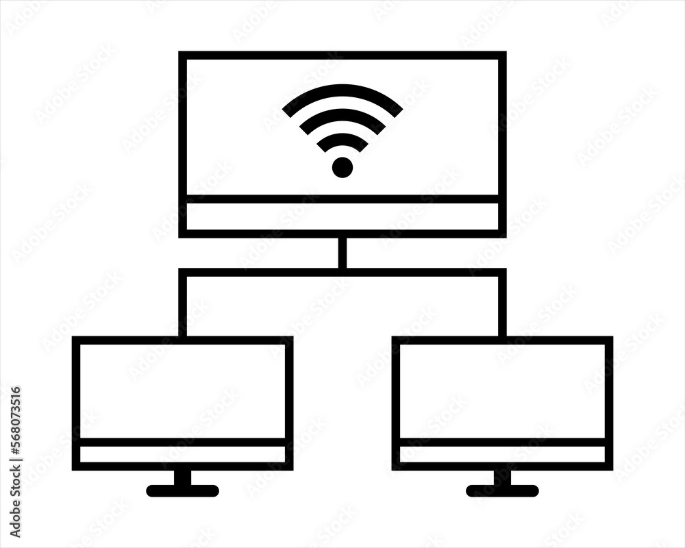 Computers connected through Wi-Fi and sending data, network connection, network topology, local area network Computers connected through Wi-Fi and sending data, network connection, network topology, local area network