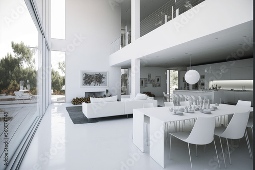 Modern house with an open floor plan and all white furnishings. Generative AI