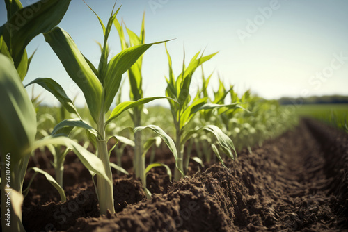 Foto View from a low perspective of a row of new corn stalks in a field in the spring