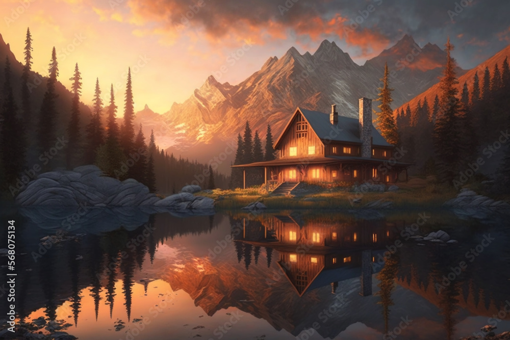 Obraz premium Sunset Cabin on the lake