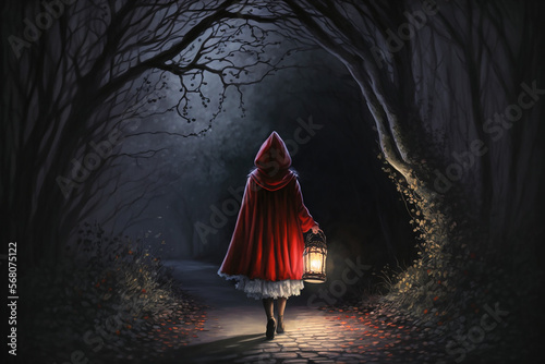 Little red riding hood walking in the dark woods at night photo