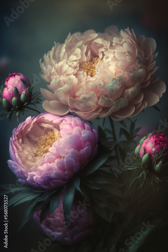 Fototapeta Naklejka Na Ścianę i Meble -  Peonies in the garden. Beautiful floral art wallpaper. AI	