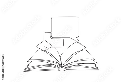 Continuous one line drawing open book with bubble for text. Vector illustration on white background.