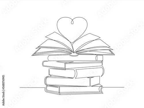 Books stack, Open book and heart, continuous line vector illustration. one line vector drawing of a book and a heart, concept of love of reading. Black and white hand drawn image.