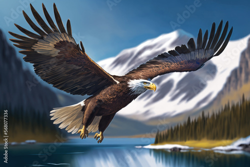 On a bright day in the mountains, an eagle flies at a great altitude while spreading its wings. Generative AI