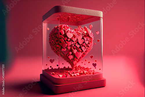 A clear glass box with red hearts as a Valentine's Day gift.