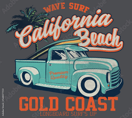 vector surf and off road car and palm tree silhouette