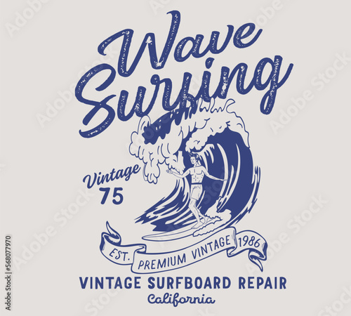 wave surfing and surfer illustration print