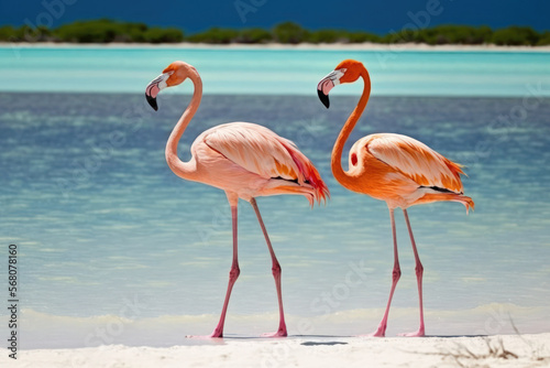 Pink flamingos on an Aruba beach. Generative AI