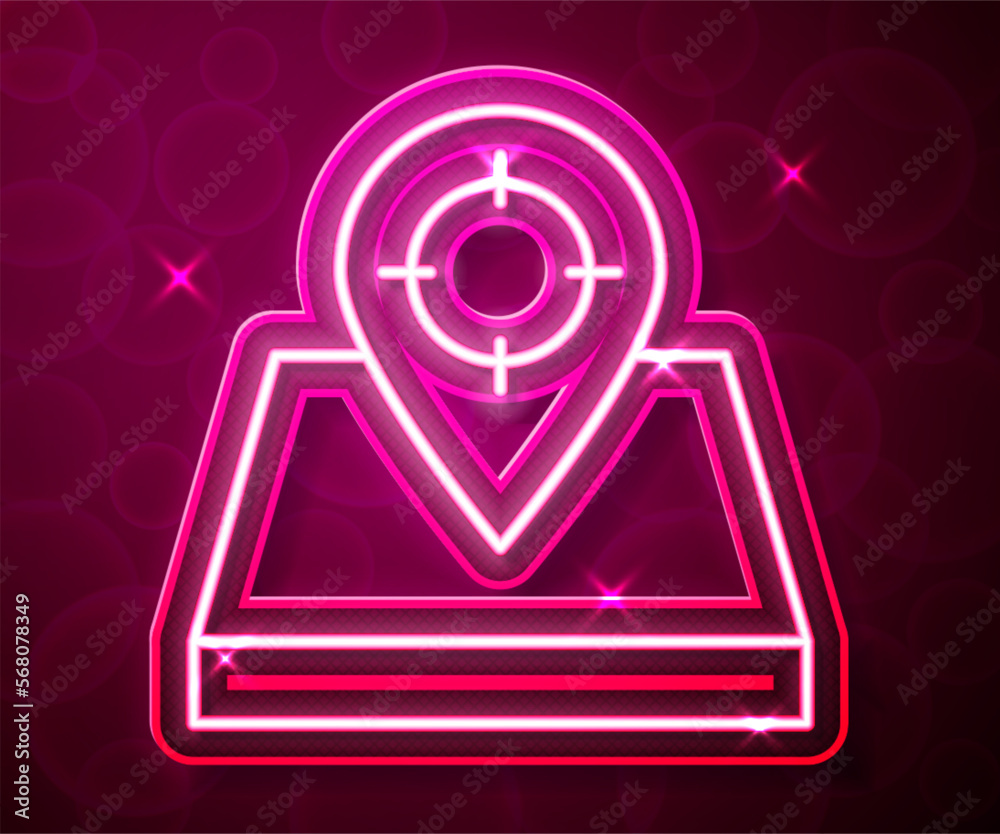 Glowing neon line Hunt place icon isolated on red background. Navigation, pointer, location, map, gps, direction, place, compass, contact, search. Vector Glowing neon line Hunt place icon isolated on red background. Navigation, pointer, location, map, gps, direction, place, compass, contact, search. Vector
