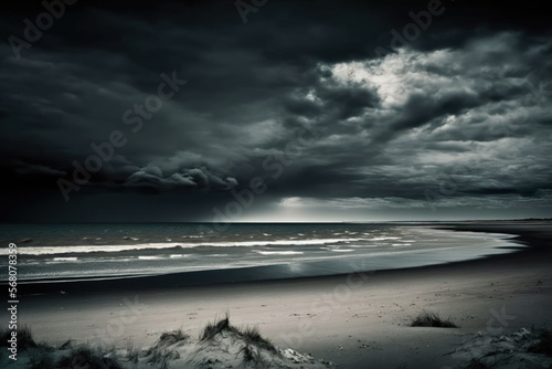 The scene of the empty sea and shore against the dark sky. Generative AI