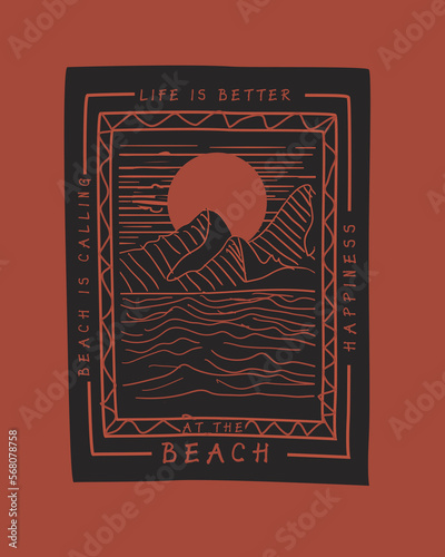 Retro Beach is calling Sunset nature scenery line art vintage poster design for t shirt print, sticker banner